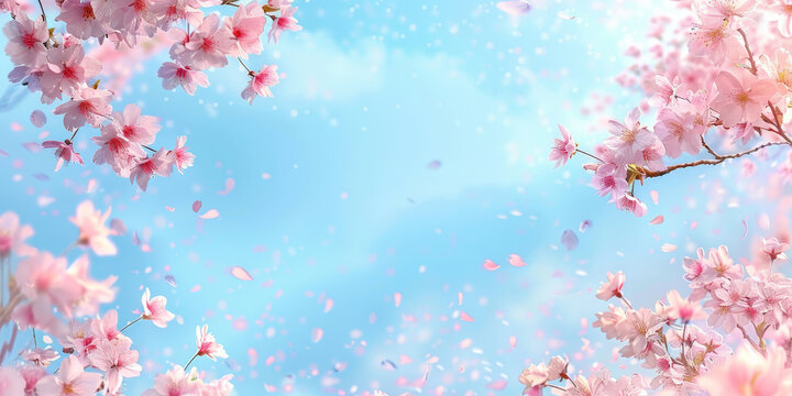 pink blossoms falling from the  sky  on blue sky background,	pink cherry blossoms wallpaper banner, empty space background
