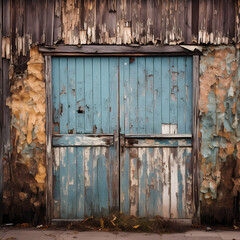 A rustic wooden door with peeling paint. 