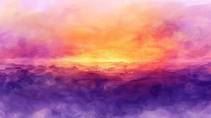 abstract watercolor backdrop featuring a sunset sky where the horizon blends orange and purple hues...