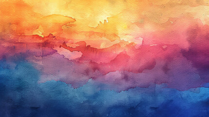 abstract watercolor backdrop featuring a sunset sky where the horizon blends orange and purple hues...