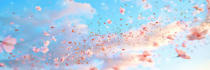 pink blossoms falling from the  sky  on blue sky background,	pink cherry blossoms wallpaper banner, empty space background
 - obrazy, fototapety, plakaty
