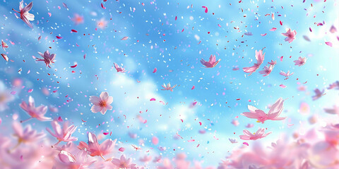 pink blossoms falling from the  sky  on blue sky background,	pink cherry blossoms wallpaper banner, empty space background
