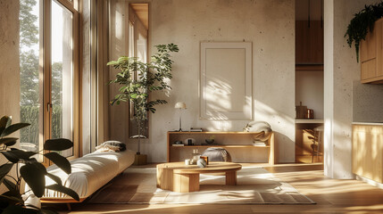 Minimalist interior with an open floor plan combining 