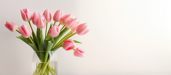 A vase filled with pink tulip flowers sits on top of a table against a white background. The delicate petals and green stems add a pop of color to the simple setting.