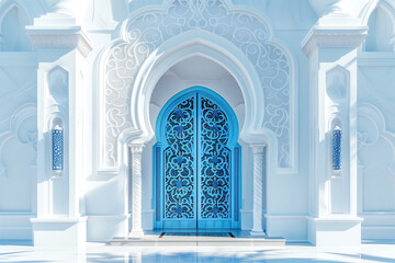 Fototapeta premium a white and blue mosque door with flower panels. arched doorways. ramadan kareem holiday celebration concept