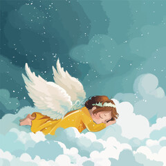 Christmas little angel with wings illustration in cloud
