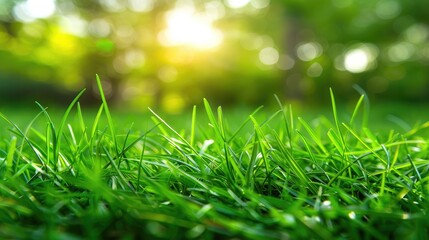 Obraz premium An energizing close-up shot of bright green blades of grass with the sun's rays filtering through the leaves