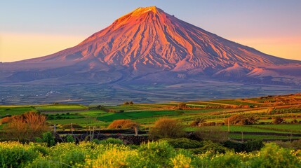 Obraz premium Breathtaking sunset illuminating the peak of a majestic mountain overlooking vibrant agricultural fields
