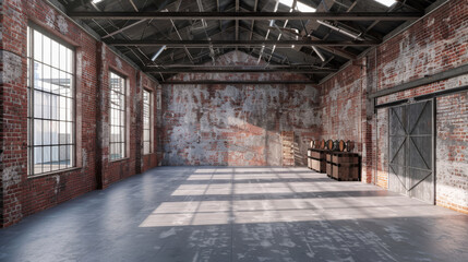 industrial loft-style empty warehouse interior, featuring rugged brick walls