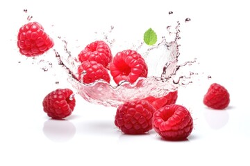 Raspberry in splash and swirl, minimal isolated on white background. Fresh raspberry flying splashing, berry closeup.