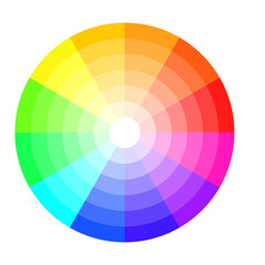Color wheel, vector illustration. Color wheel isolated circle on white background, with twelve colors in gradations.
