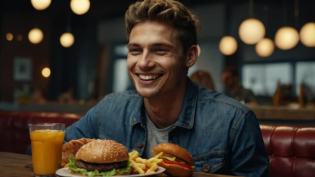 Smiling young man enjoying a delicious burger meal