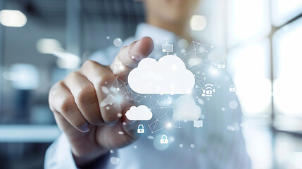 A professional pointing at a floating 3D cloud icon connected to various digital devices, symbolizing cloud computing networks, cloud computing concept, blurred background, with co