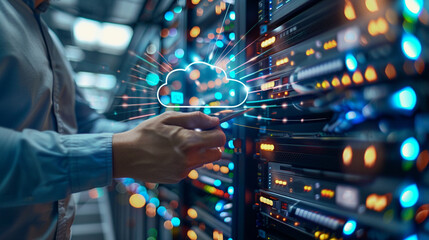 A network engineer configuring a server with a holographic cloud overlay, illustrating cloud infrastructure management, cloud computing concept, blurred background, with copy space
