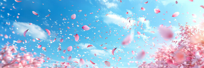 pink blossoms falling from the  sky  on blue sky background, pink cherry blossoms wallpaper banner, empty space background 