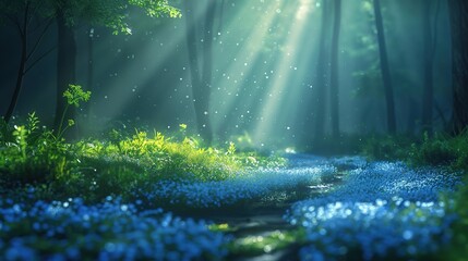 beautiful forest floor in spring time, blue flower blossoming on ground, Generative Ai