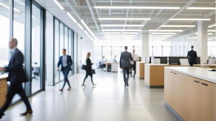 Vibrant business office setting bathed in sunlight, adorned with modern furniture, professionals in motion, emphasizing dynamic work atmosphere