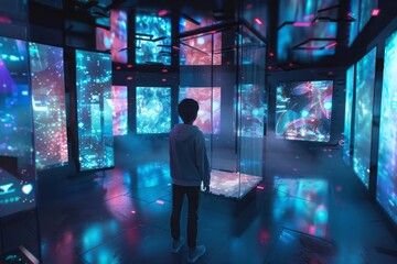 Holographic displays showcase a vast array of knowledge and skills Person navigates this virtual space engaging with interactive educational content that contributes to their constant self-improvement - obrazy, fototapety, plakaty