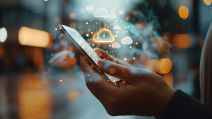 A professional using a mobile app with a cloud sync feature, ensuring data is backed up and accessible, cloud computing concept, blurred background, with copy space