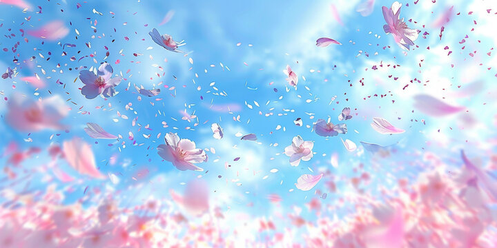pink blossoms falling from the  sky  on blue sky background,	pink cherry blossoms wallpaper banner, empty space background
