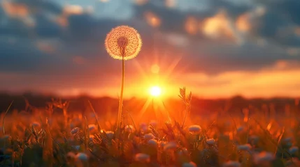Fotobehang beautiful summer and spring nature background, dandelion seed ball against sunlight flare at evening time, Generative Ai © QuietWord