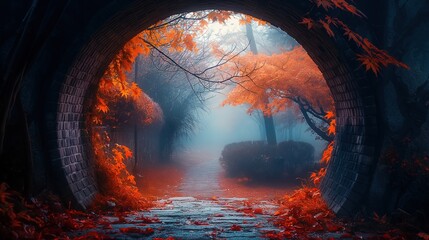 waterway tunnel with autumn forest background, Generative Ai