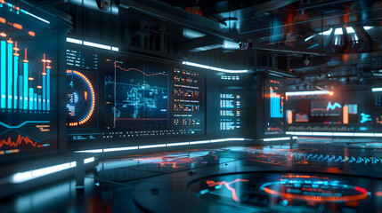 Naklejka premium Holographic screens showcasing financial charts and graphs in a futuristic trading floor environment