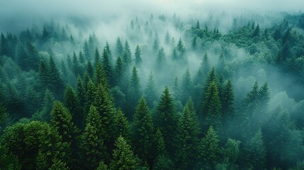 Forest in the fog, top view. Background. Created with Generative AI - obrazy, fototapety, plakaty