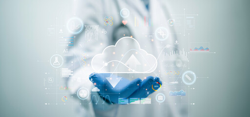 Medical worker touch cloud computing icon network. Cloud technology,Cloud data transfer and online...