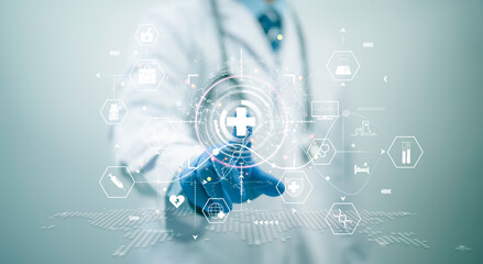 Elevate healthcare with AI technology services.Virtual health care analytics empower medical professionals in the medical revolution.Data analytics enhance patient care and healthcare administration. - obrazy, fototapety, plakaty
