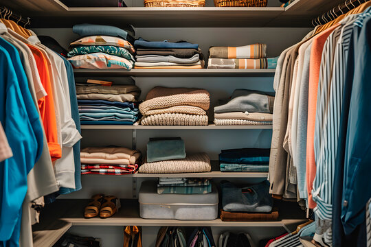 Modern Harmony: Organized Wardrobe Shelf in Beige. Generative AI