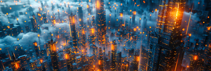 Urban Night, Illuminated Cityscape, Modern Architecture under Starry Sky