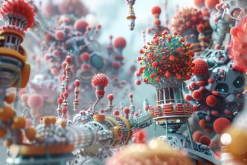 A microscopic view of a bustling metropolis crafted from nanomaterials, with intricately designed nanorobots constructing and maintaining the city at the atomic level.