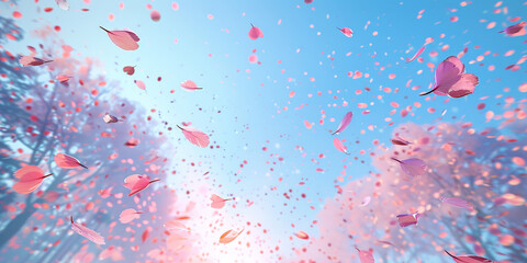 pink blossoms falling from the  sky  on blue sky background,	pink cherry blossoms wallpaper banner, empty space background
