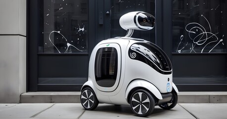 In front of a sleek glass facade, a white autonomous robot with a large dynamic monitoring eye and black accents patrols the city, blending seamlessly with the urban architectural elegance. It