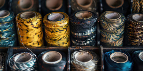 Vibrant Fishing Lines. Close-up of colorful fishing lines wound on reels, monofilament and braided...