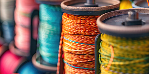 Vibrant Fishing Lines. Close-up of colorful fishing lines wound on reels, monofilament and braided cords, fishing store range.