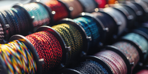 Vibrant Fishing Lines. Close-up of colorful fishing lines wound on reels, monofilament and braided cords, fishing store range. - obrazy, fototapety, plakaty