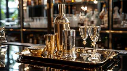 A Luxury bar tray with shiny gold crockery and silv.