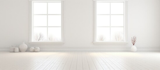 A white room with a clean and minimalist Scandinavian interior design. The room features two windows, allowing natural light to illuminate the space.