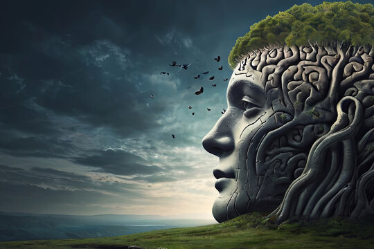Surreal tree brain with human head cave: Concept of hope, freedom, and imagination. Dream art for fantasy landscapes. SEO-friendly image.