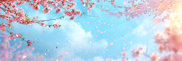 Fototapeta na wymiar pink blossoms falling from the sky on blue sky background, pink cherry blossoms wallpaper banner, empty space background 