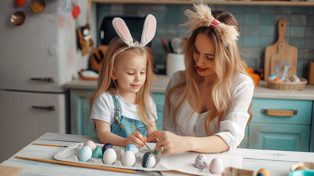 Caucasian mom and daughter painting homemade Easter eggs, mother and little daughter decorating easter ggs at home