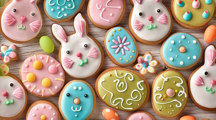 colorful easter ginger cookies in shapes of bunny and eggs