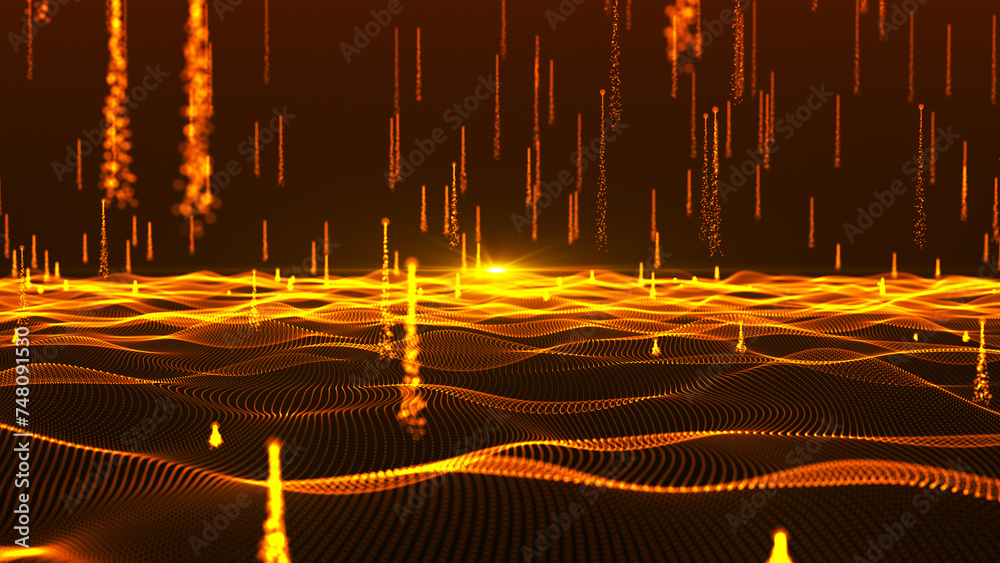 Poster animated particle wave. futuristic pattern of dots on a dark background. big data digital code. tech
