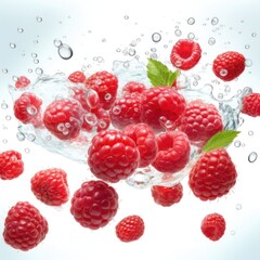 Raspberry in splash and swirl, minimal isolated on white background. Fresh raspberry flying splashing, berry closeup.