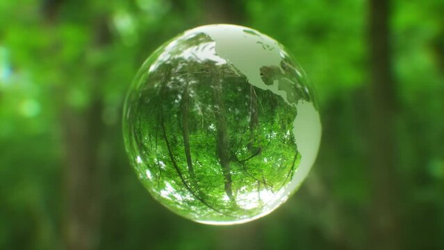 3D animation - Looped rotating crystal ball shaped planet Earth in a green forest