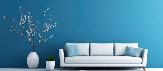 Fototapeta na wymiar A living room with minimalist decor featuring blue walls and a white couch, creating a calm and serene atmosphere. The room is simple yet elegant, with a neutral color scheme that exudes modernity.