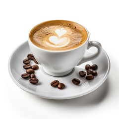 Obraz premium Espresso coffee isolated on white background, close up, cutout minimal. Ultra realistic espresso, icon, detailed. Cafe product advertising