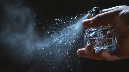 Man spraying luxury perfume on black background.